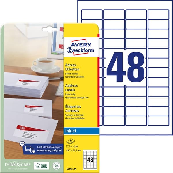 Avery-Zweckform J4791-25 Adressetiketter 45.7 x 21.2 mm Papper Vit 1200 st Permanent Bläckstråleskrivare, Färglaserskri