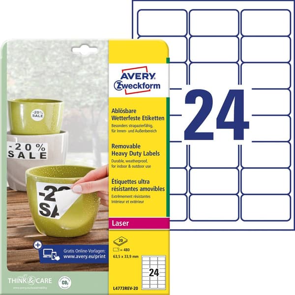 Avery-Zweckform L4773REV-20 Folieetiketter 63.5 x 33.9 mm Polyesterfilm Vit 480 st Repositionerbart Laser, färg, Laser,