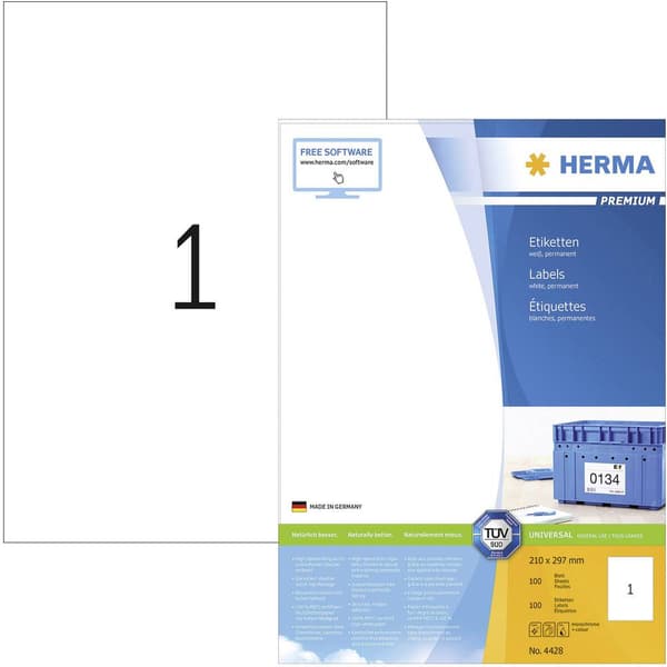 Herma 4428 Universaletiketter 210 x 297 mm Papper Vit 100 st Permanent Bläckstråleskrivare, Laser, Laser, färg, Kopiato