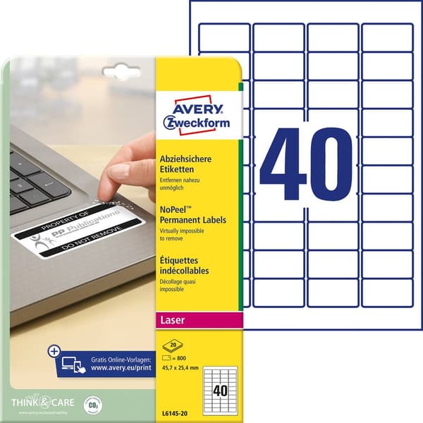 Avery-Zweckform L6145-20 Säkerhetsetiketter 45.7 x 25.4 mm Polyesterfilm Vit 800 st Permanent Laser