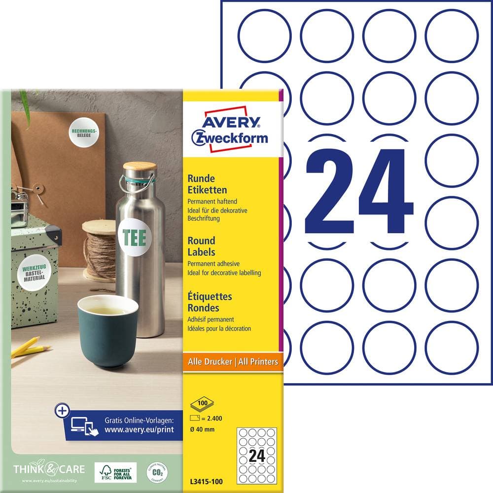 Avery-Zweckform L3415-100 Etiketter Ø 40 mm Papper Vit 2400 st Permanent Universaletiketter, Markeringsetiketter Bläck,
