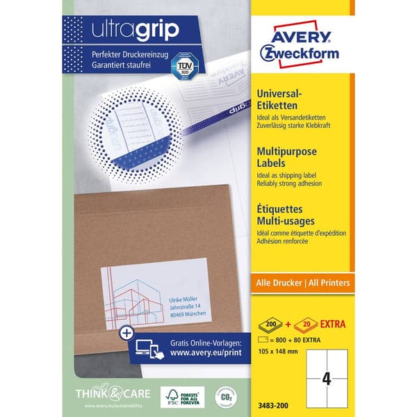 Avery-Zweckform 3483-200 Universaletiketter 105 x 148 mm Papper Vit 880 st Permanent Bläckstråleskrivare, Laser, Laser,