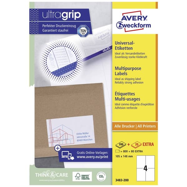 Avery-Zweckform 3483-200 Universaletiketter 105 x 148 mm Papper Vit 880 st Permanent Bläckstråleskrivare, Laser, Laser,