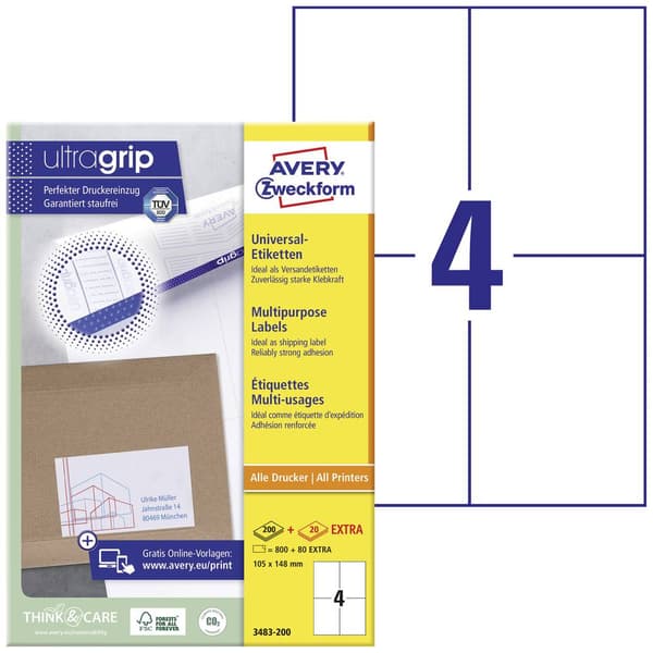 Avery-Zweckform 3483-200 Universaletiketter 105 x 148 mm Papper Vit 880 st Permanent Bläckstråleskrivare, Laser, Laser,