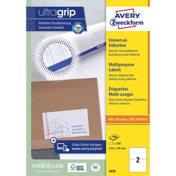 Avery-Zweckform 3655 Universaletiketter 210 x 148 mm Papper Vit 200 st Permanent Bläckstråleskrivare, Laser, Laser, fär