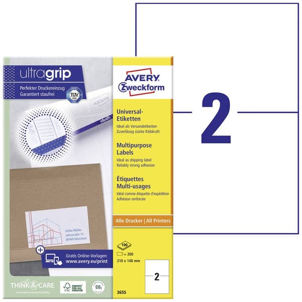 Avery-Zweckform 3655 Universaletiketter 210 x 148 mm Papper Vit 200 st Permanent Bläckstråleskrivare, Laser, Laser, fär