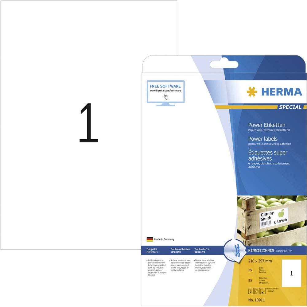 Herma 10911 Etiketter 210 x 297 mm Papper Vit 25 st Permanent Självhäftande etiketter, Universaletiketter Bläck, Laser,