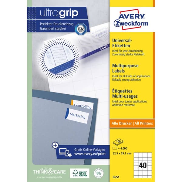 Avery-Zweckform 3651 Universaletiketter 52.5 x 29.7 mm Papper Vit 4000 st Permanent Bläckstråleskrivare, Laser, Laser,