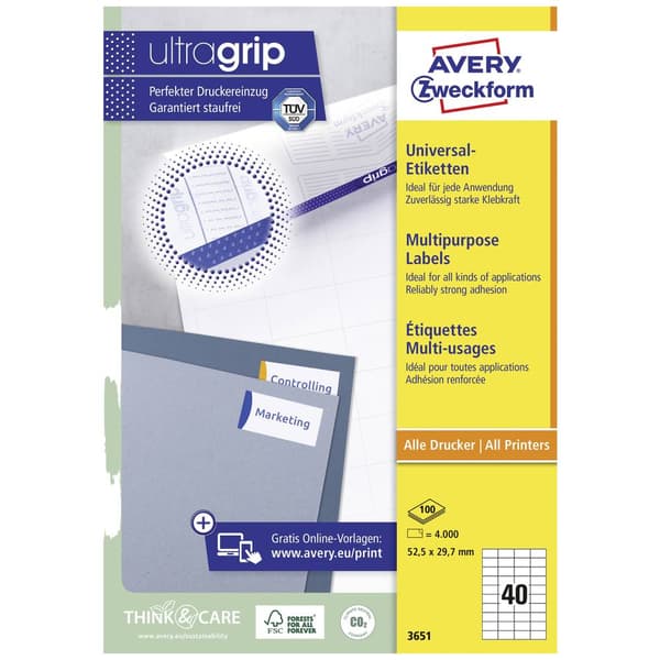 Avery-Zweckform 3651 Universaletiketter 52.5 x 29.7 mm Papper Vit 4000 st Permanent Bläckstråleskrivare, Laser, Laser,