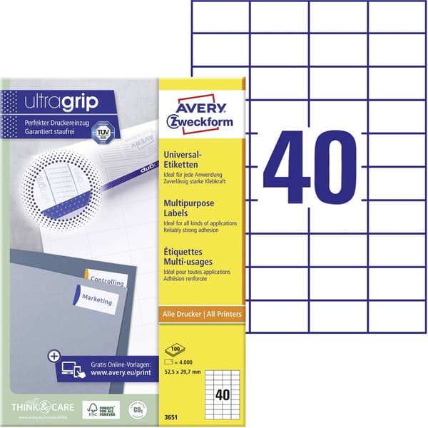 Avery-Zweckform 3651 Universaletiketter 52.5 x 29.7 mm Papper Vit 4000 st Permanent Bläckstråleskrivare, Laser, Laser,