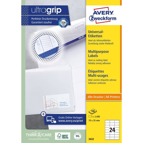 Avery-Zweckform 3422 Universaletiketter 70 x 35 mm Papper Vit 2400 st Permanent Bläckstråleskrivare, Laser, Laser, färg