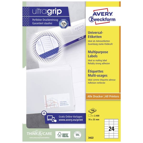 Avery-Zweckform 3422 Universaletiketter 70 x 35 mm Papper Vit 2400 st Permanent Bläckstråleskrivare, Laser, Laser, färg