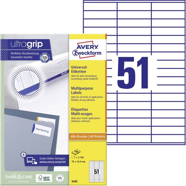 Avery-Zweckform 3420 Universaletiketter 70 x 16.9 mm Papper Vit 5100 st Permanent Bläckstråleskrivare, Laser, Laser, fä