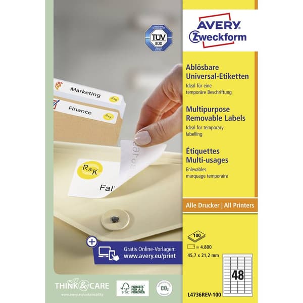 Avery-Zweckform L4736REV-100 Universaletiketter 45.7 x 21.2 mm Papper Vit 4800 st Repositionerbart Bläckstråleskrivare,
