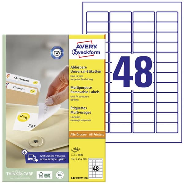 Avery-Zweckform L4736REV-100 Universaletiketter 45.7 x 21.2 mm Papper Vit 4800 st Repositionerbart Bläckstråleskrivare,