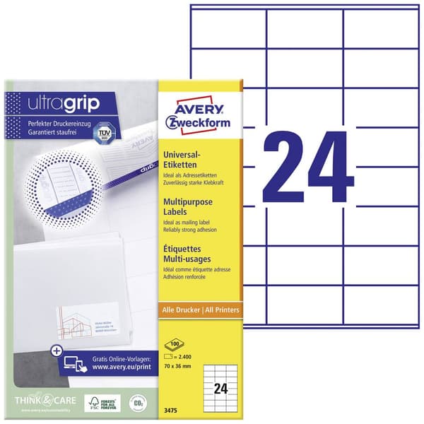 Avery-Zweckform 3475 Universaletiketter 70 x 36 mm Papper Vit 2400 st Permanent Bläckstråleskrivare, Laser, Laser, färg
