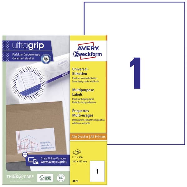 Avery-Zweckform 3478 Universaletiketter 210 x 297 mm Papper Vit 100 st Permanent Bläckstråleskrivare, Laser, Laser, fär