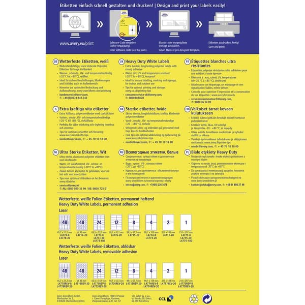 Avery-Zweckform L4775-100 Folieetiketter 210 x 297 mm Polyesterfilm Vit 100 st Permanent Laser, färg, Laser, Färgkopiat