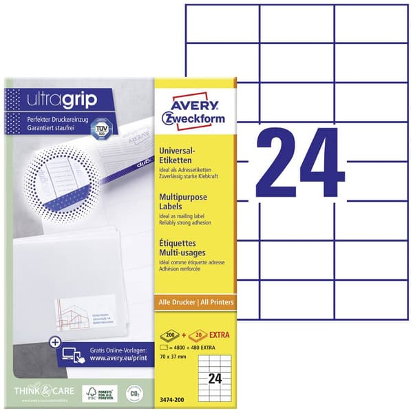 Avery-Zweckform 3475-200 Universaletiketter 70 x 36 mm Papper Vit 5280 st Permanent Bläckstråleskrivare, Laser, Laser,