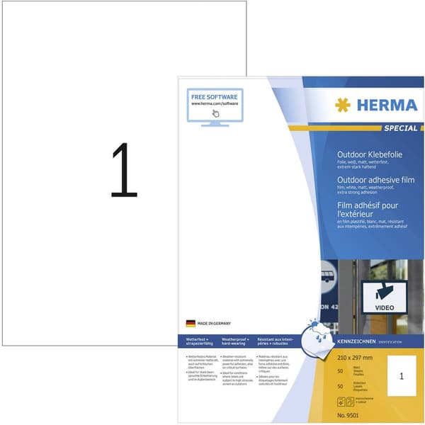 Herma 9501 Folieetiketter 210 x 297 mm Polyetenfilm Vit 50 st Permanent Laser, färg, Laser, Färgkopiator, Kopiator, Fär