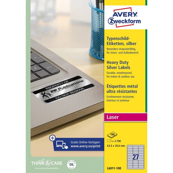 Avery-Zweckform L6011-100 Märkskyltsetiketter 63.5 x 29.6 mm Polyesterfilm Silver 2700 st Permanent Laser, Kopiator, Fä
