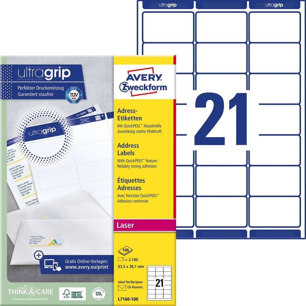 Avery-Zweckform Adressetiketter, Universaletiketter L7160-100 63.5 x 38.1 mm Papper Vit 2100 st