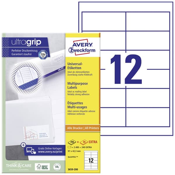 Avery-Zweckform 3659-200 Universaletiketter 97 x 42.3 mm Papper Vit 2640 st Permanent Bläckstråleskrivare, Laser, Laser