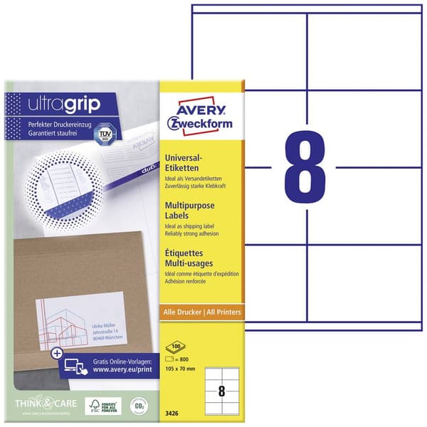 Avery-Zweckform 3426 Universaletiketter 105 x 70 mm Papper Vit 800 st Permanent Bläckstråleskrivare, Laser, Laser, färg
