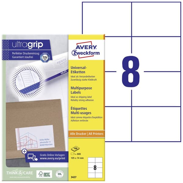 Avery-Zweckform 3427 Universaletiketter 105 x 74 mm Papper Vit 800 st Permanent Bläckstråleskrivare, Laser, Laser, färg