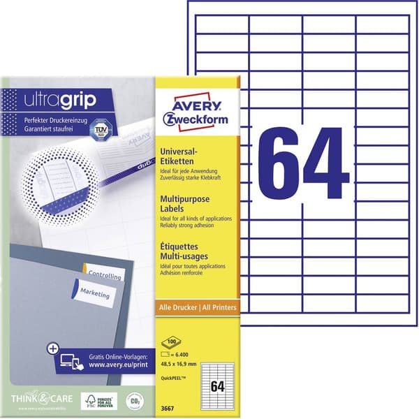 Avery-Zweckform 3667 Universaletiketter 48.5 x 16.9 mm Papper Vit 6400 st Permanent Bläckstråleskrivare, Laser, Laser,
