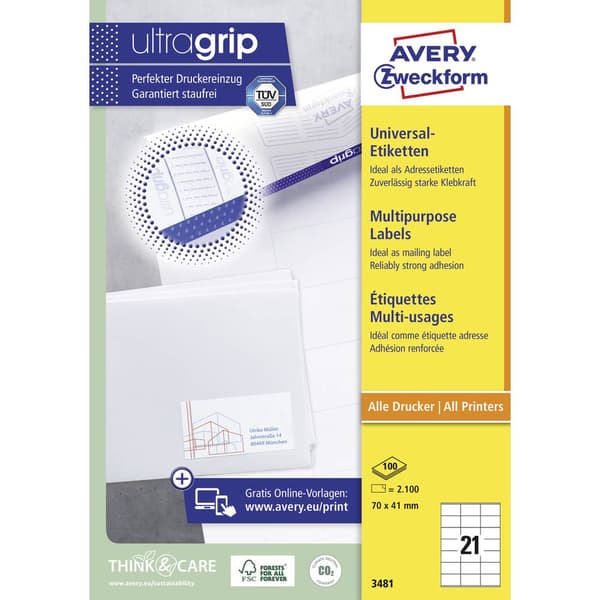 Avery-Zweckform 3481 Universaletiketter 70 x 41 mm Papper Vit 2100 st Permanent Bläckstråleskrivare, Laser, Laser, färg