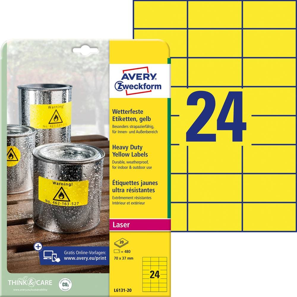 Avery-Zweckform L6131-20 Etiketter 70 x 37 mm Polyesterfilm Gul 480 st Permanent Universaletiketter, Väderbeständiga et