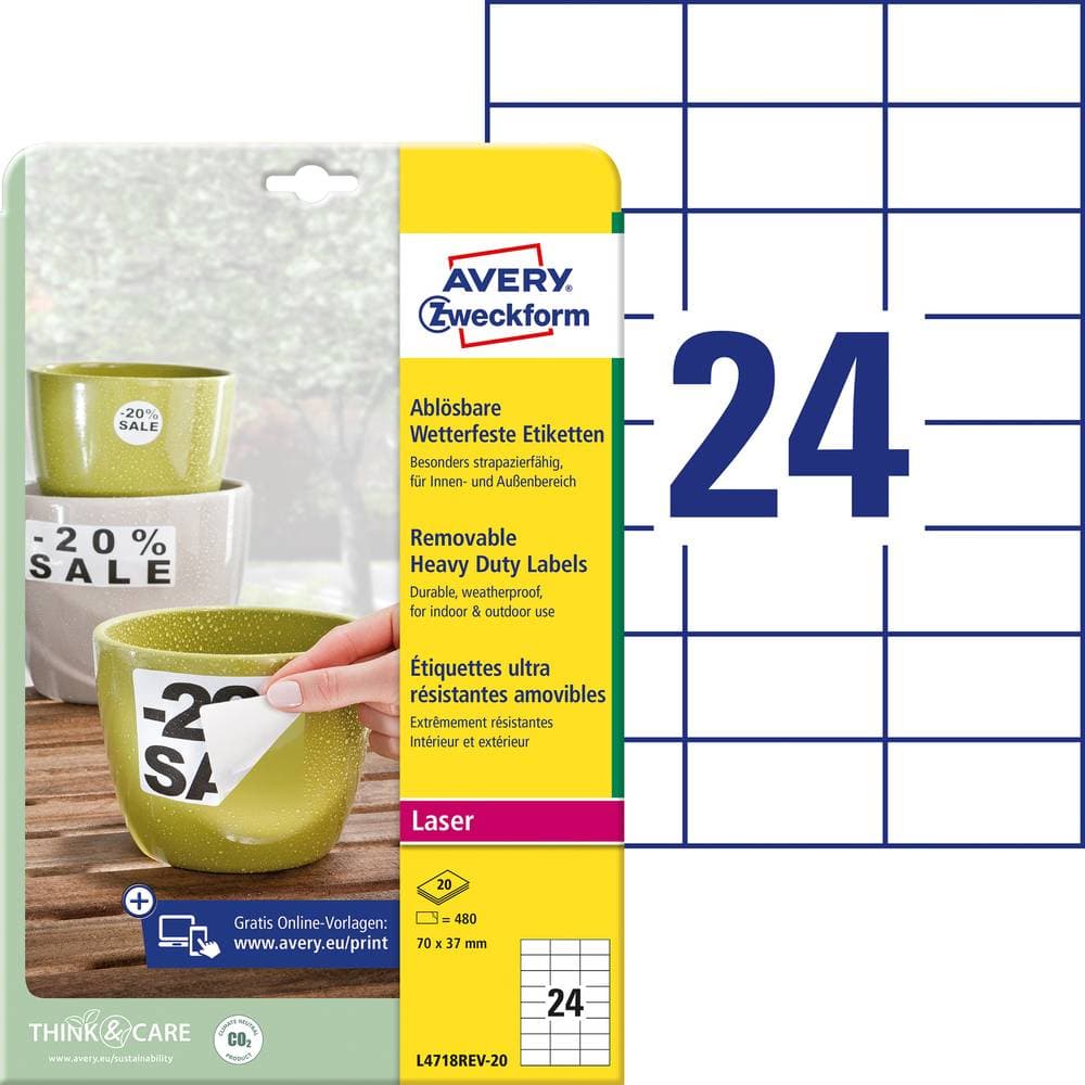 Avery-Zweckform L4718REV-20 Etiketter 70 x 37 mm Polyesterfilm Vit 480 st Repositionerbart Universaletiketter, Väderbes