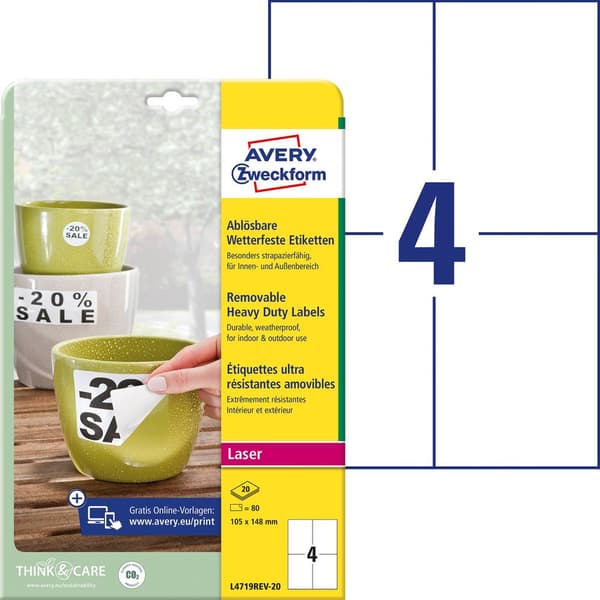 Avery-Zweckform L4719REV-20 Folieetiketter 105 x 148 mm Polyesterfilm Vit 80 st Repositionerbart Laser, färg, Laser, Fä