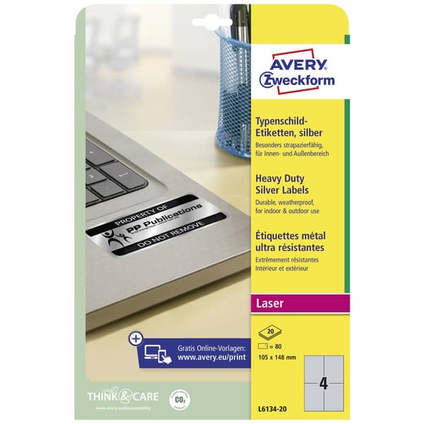 Avery-Zweckform L6134-20 Märkskyltsetiketter 105 x 148 mm Polyesterfilm Silver 80 st Permanent Laser, Kopiator, Färglas