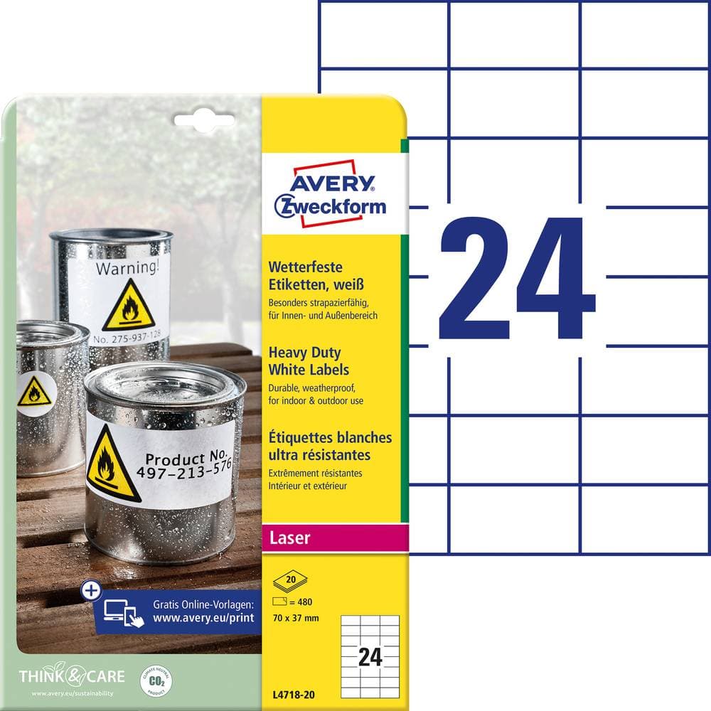 Avery-Zweckform L4718-20 Etiketter 70 x 37 mm Polyesterfilm Vit 480 st Permanent Universaletiketter, Väderbeständiga et