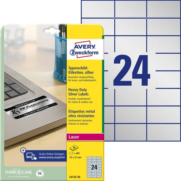 Avery-Zweckform L6133-20 Märkskyltsetiketter 70 x 37 mm Polyesterfilm Silver 480 st Permanent Laser, Kopiator, Färglase