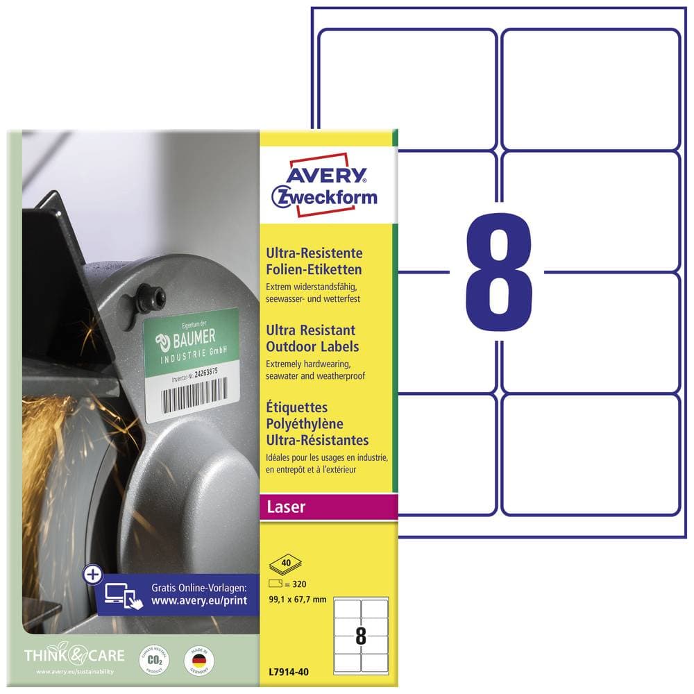 Avery-Zweckform L7914-40 Etiketter 99.1 x 67.7 mm Polyetenfilm Vit 320 st Permanent Universaletiketter