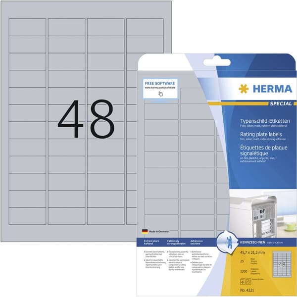 Herma 4221 Märkskyltsetiketter 45.7 x 21.2 mm Polyesterfilm Silver 1200 st Permanent Laser, Kopiator, Färglaserskrivare