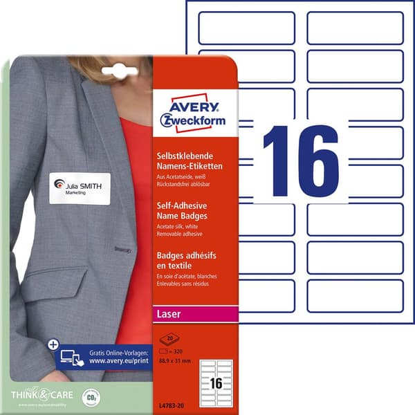 Avery-Zweckform L4783-20 Namn-etiketter 88.9 x 31 mm Acetat Vit 320 st Repositionerbart Laser, Laser, färg, Kopiator, F
