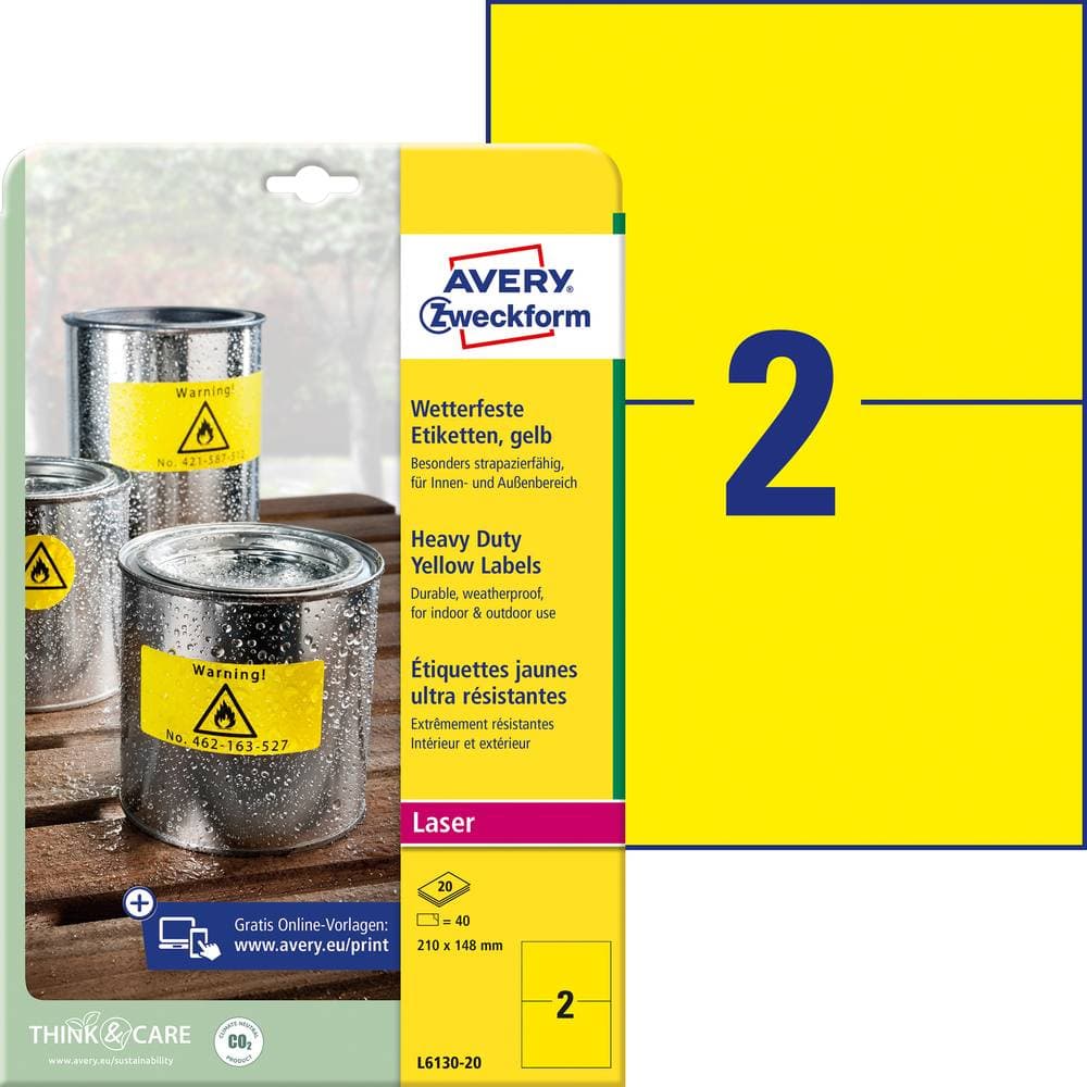 Avery-Zweckform L6130-20 Etiketter 210 x 148 mm Polyesterfilm Gul 40 st Permanent Universaletiketter, Väderbeständiga e