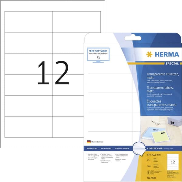 Herma 4682 Folieetiketter 97 x 42.3 mm Polyesterfilm Transparent 300 st Permanent Laser, färg, Laser, Färgkopiator, Kop