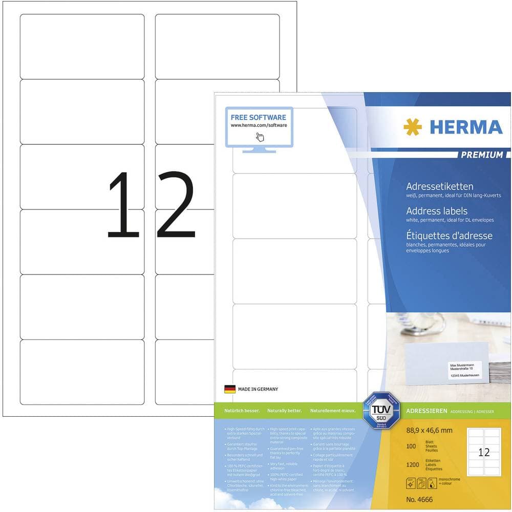 Herma 4666 Etiketter 88.9 x 46.6 mm Papper Vit 1200 st Permanent Universaletiketter, Adressetiketter Bläck, Laser, Kopi