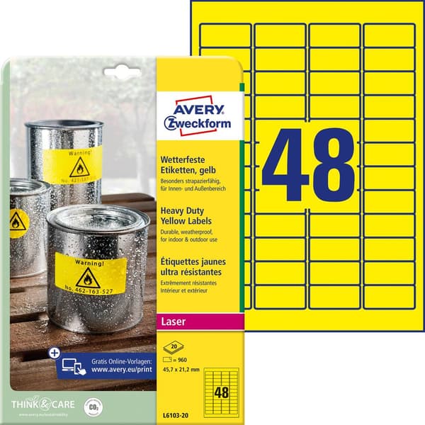 Avery-Zweckform L6103-20 Folieetiketter 45.7 x 21.2 mm Polyesterfilm Gul 960 st Permanent Laser, färg, Laser, Färgkopia
