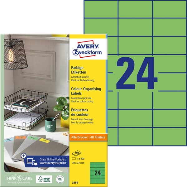 Avery-Zweckform 3450 Universaletiketter 70 x 37 mm Papper Grön 2400 st Permanent Bläckstråleskrivare, Laser, Laser, fär