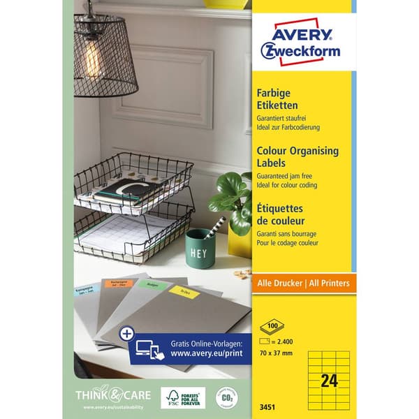 Avery-Zweckform 3451 Universaletiketter 70 x 37 mm Papper Gul 2400 st Permanent Bläckstråleskrivare, Laser, Laser, färg
