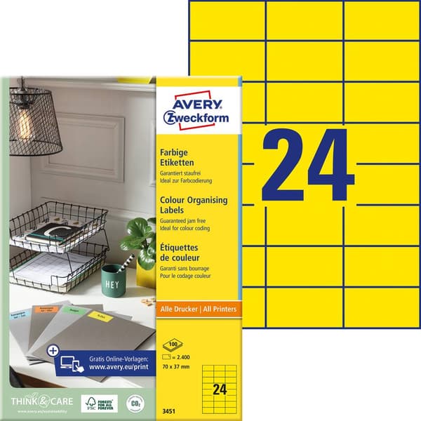 Avery-Zweckform 3451 Universaletiketter 70 x 37 mm Papper Gul 2400 st Permanent Bläckstråleskrivare, Laser, Laser, färg