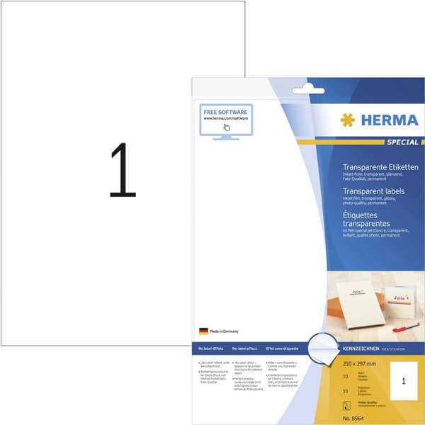 Herma 8964 Folieetiketter 210 x 297 mm Folie Transparent 10 st Permanent Bläckstråleskrivare