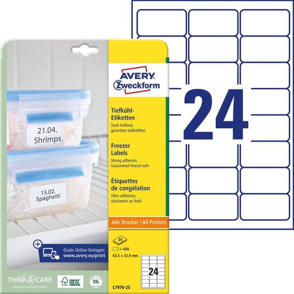 Avery-Zweckform L7970-25 Frysetiketter 63.5 x 33.9 mm Papper Vit 600 st Permanent Bläckstråleskrivare, Laser, Laser, fä