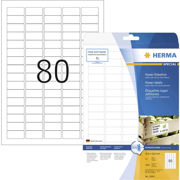 Herma 10901 Universaletiketter 35.6 x 16.9 mm Papper Vit 2000 st Permanent Bläckstråleskrivare, Laser, Laser, färg, Kop